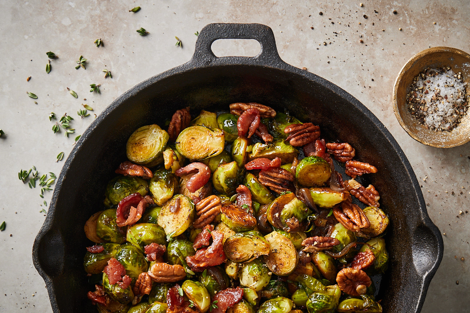 Roasted Brussel Sprouts With Candied Pecans and Bacon