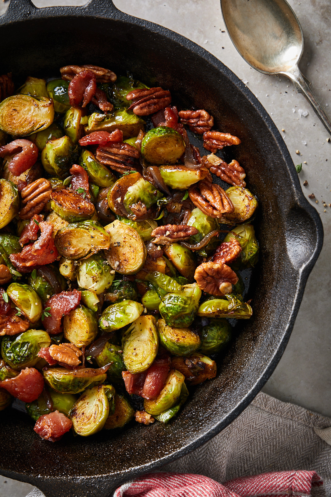 Roasted Brussel Sprouts With Candied Pecans and Bacon