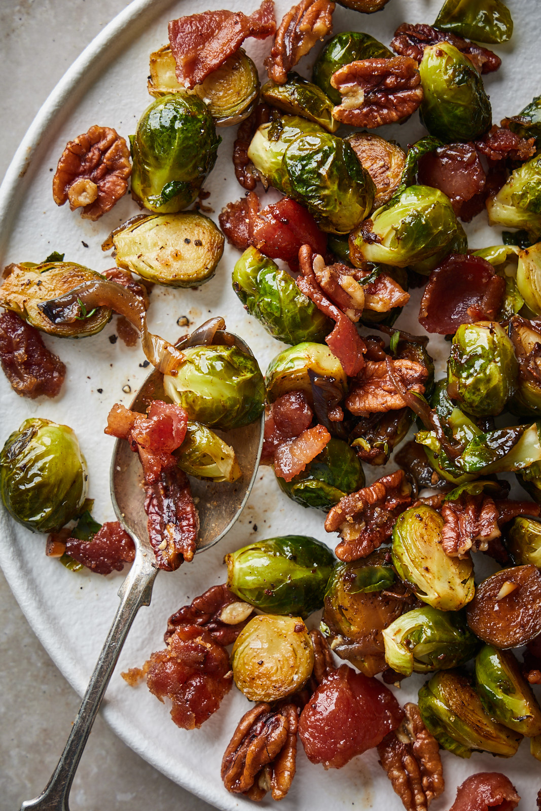 Roasted Brussel Sprouts With Candied Pecans and Bacon