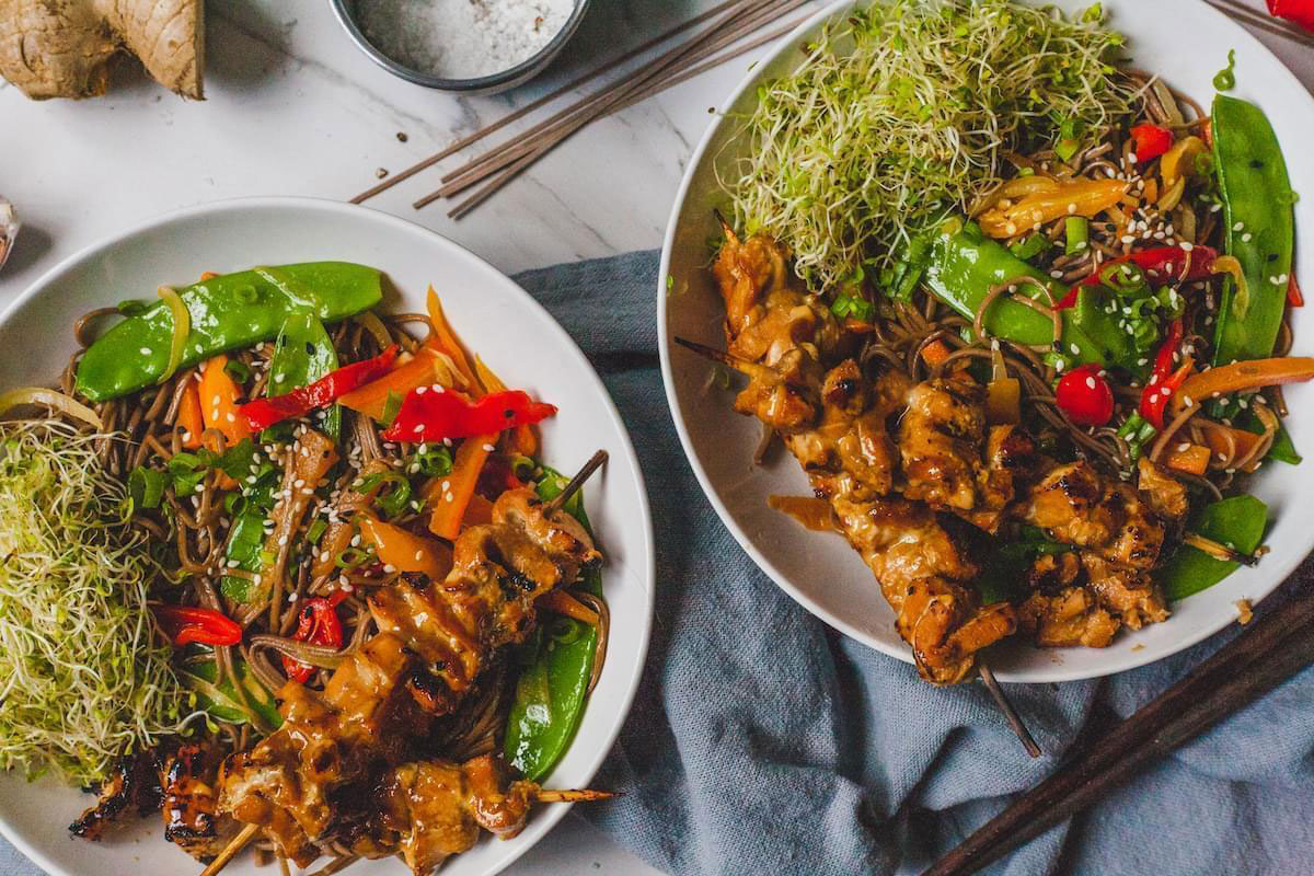 Terikayi Salmon Skewers With Sesame Buckwheat Soba Noodles