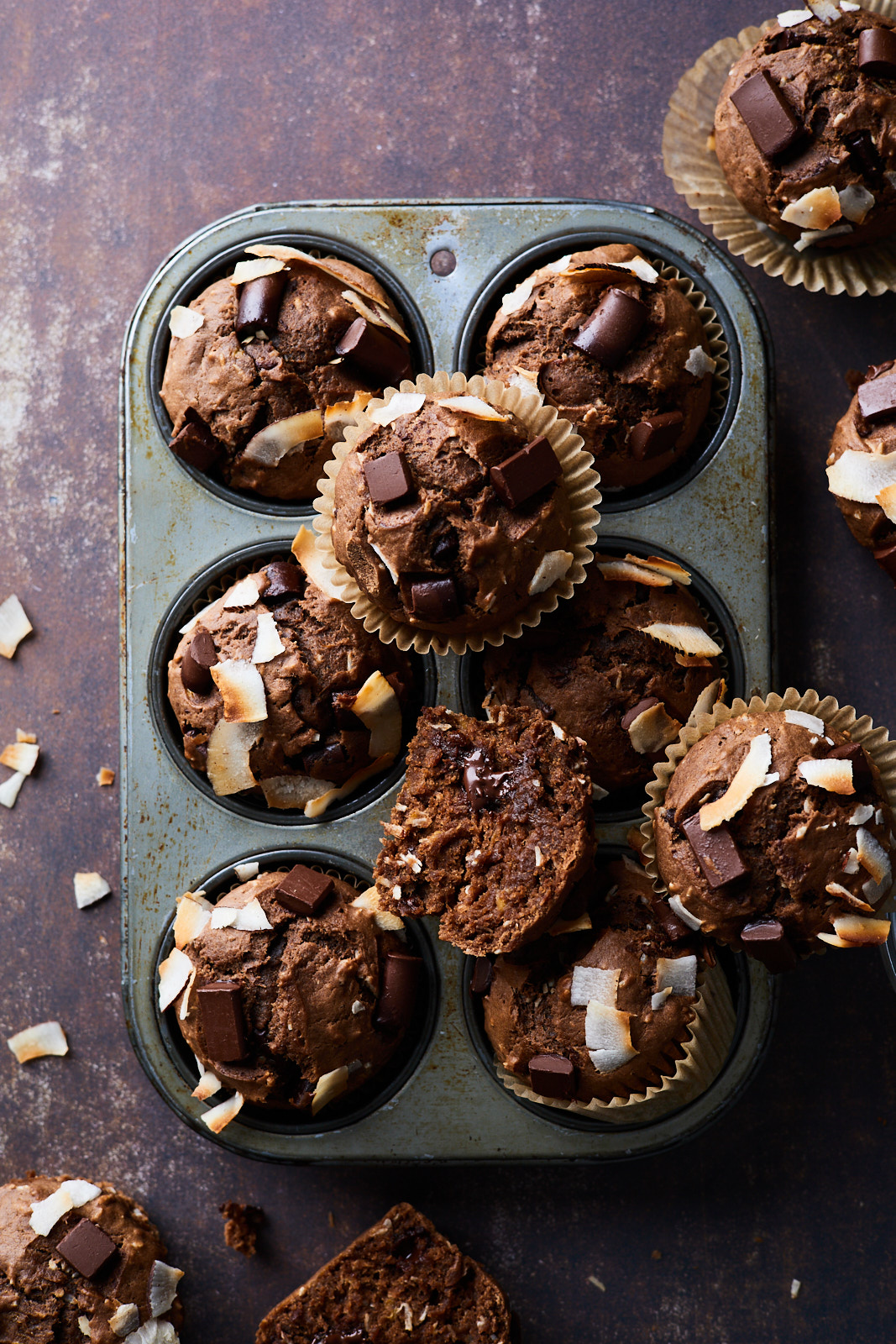 Dark Chocolate Coconut Banana Muffins