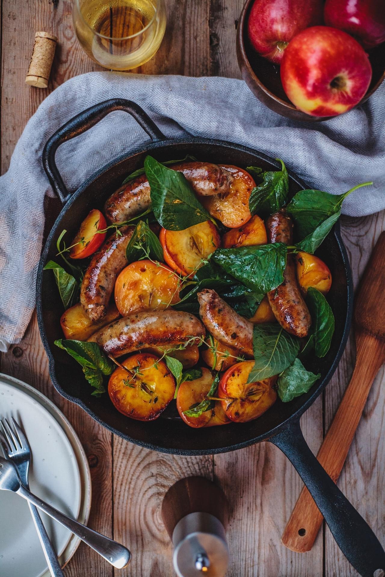 Pan Seared Sausages, Apples With Honey And Greens 
