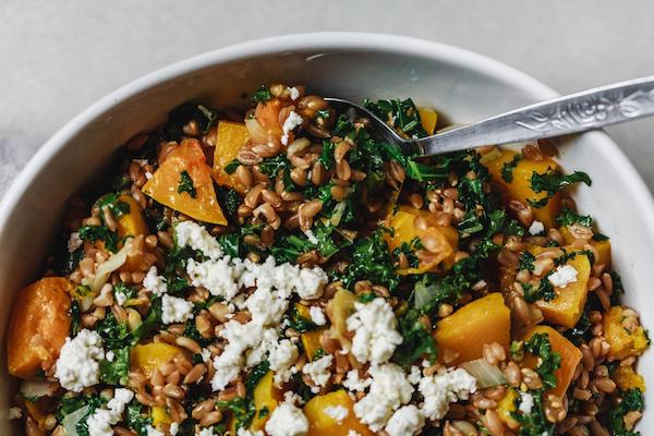 Roasted Butternut Squash Kale And Farro Salad With A Za’atar Dressing