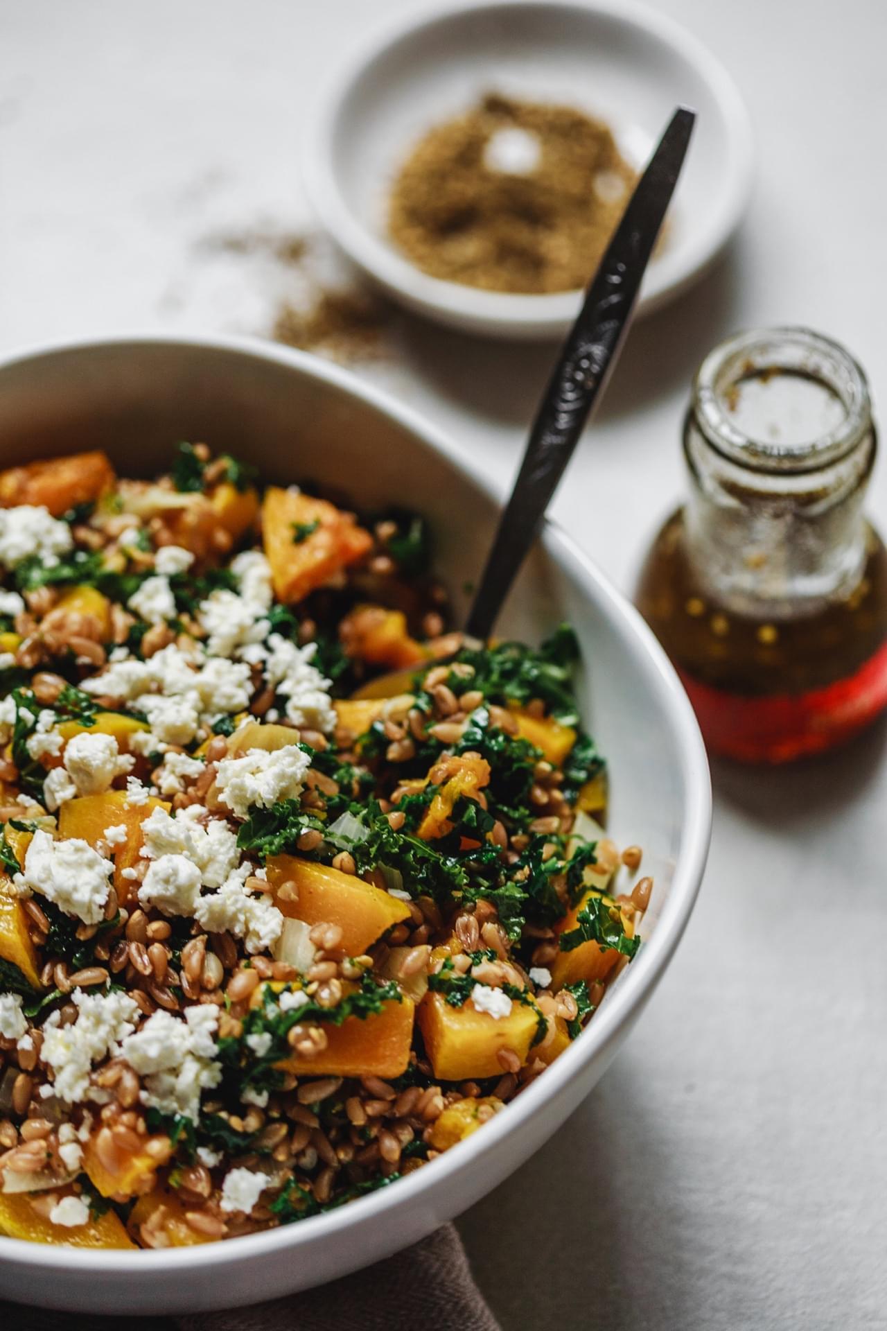 Roasted Butternut Squash Kale Farro Salad