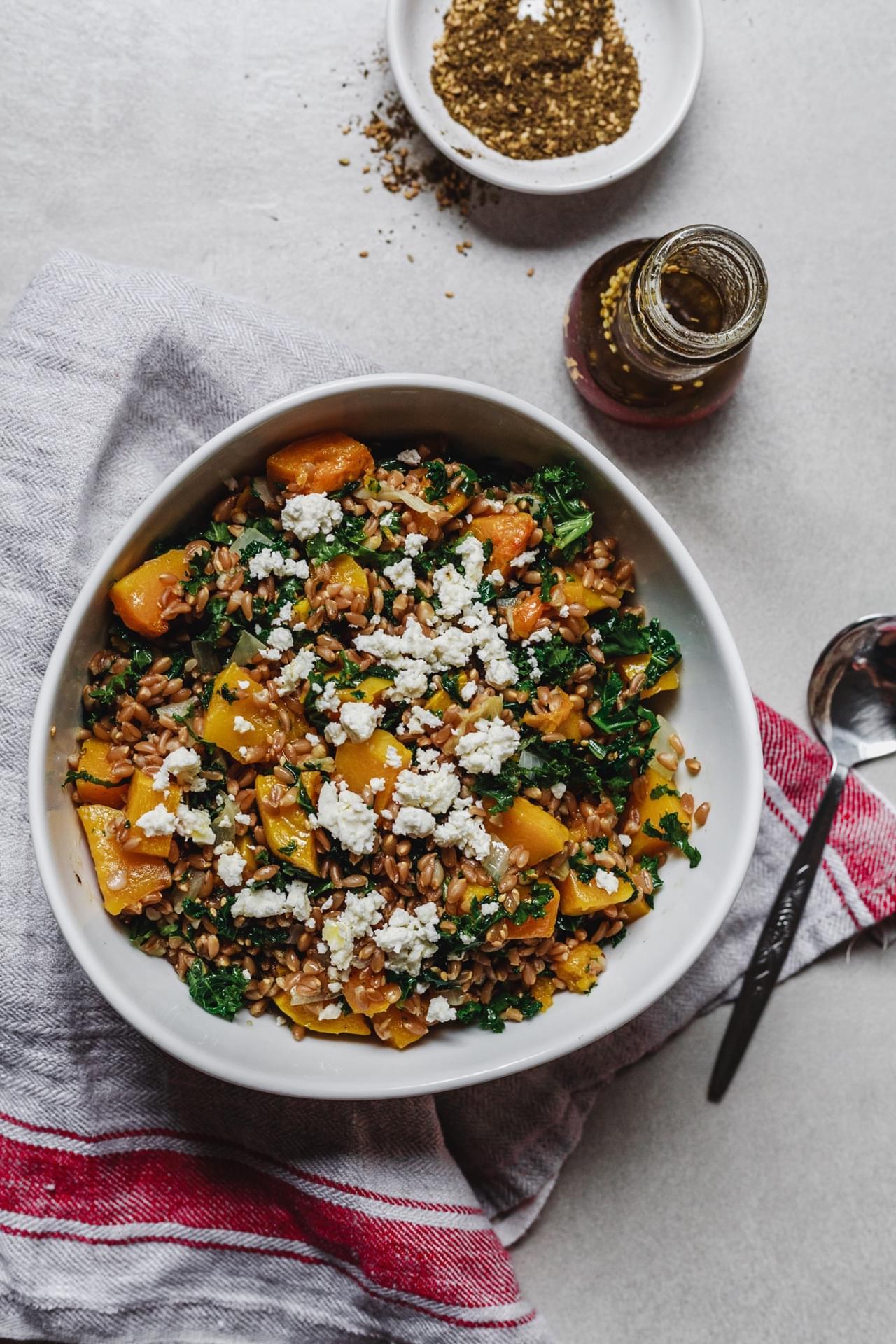 Roasted Butternut Squash Kale Farro Salad