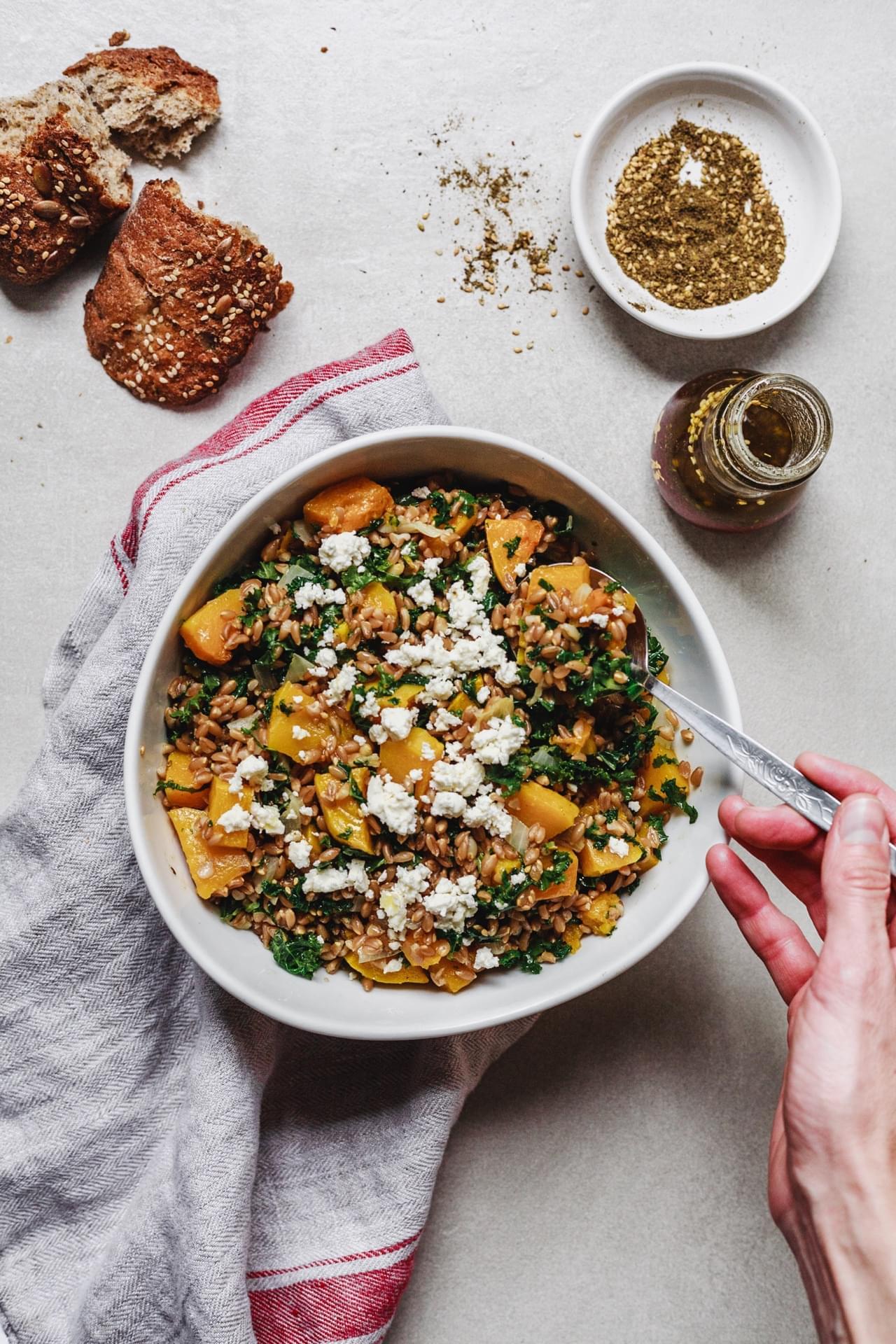 Roasted Butternut Squash Kale Farro Salad