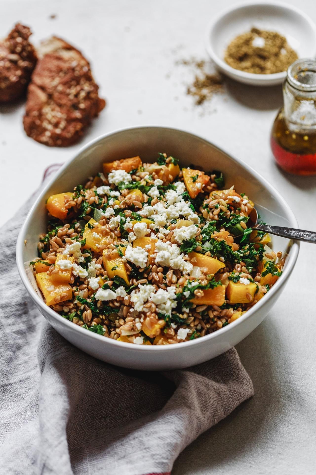 Roasted Butternut Squash Kale Farro Salad