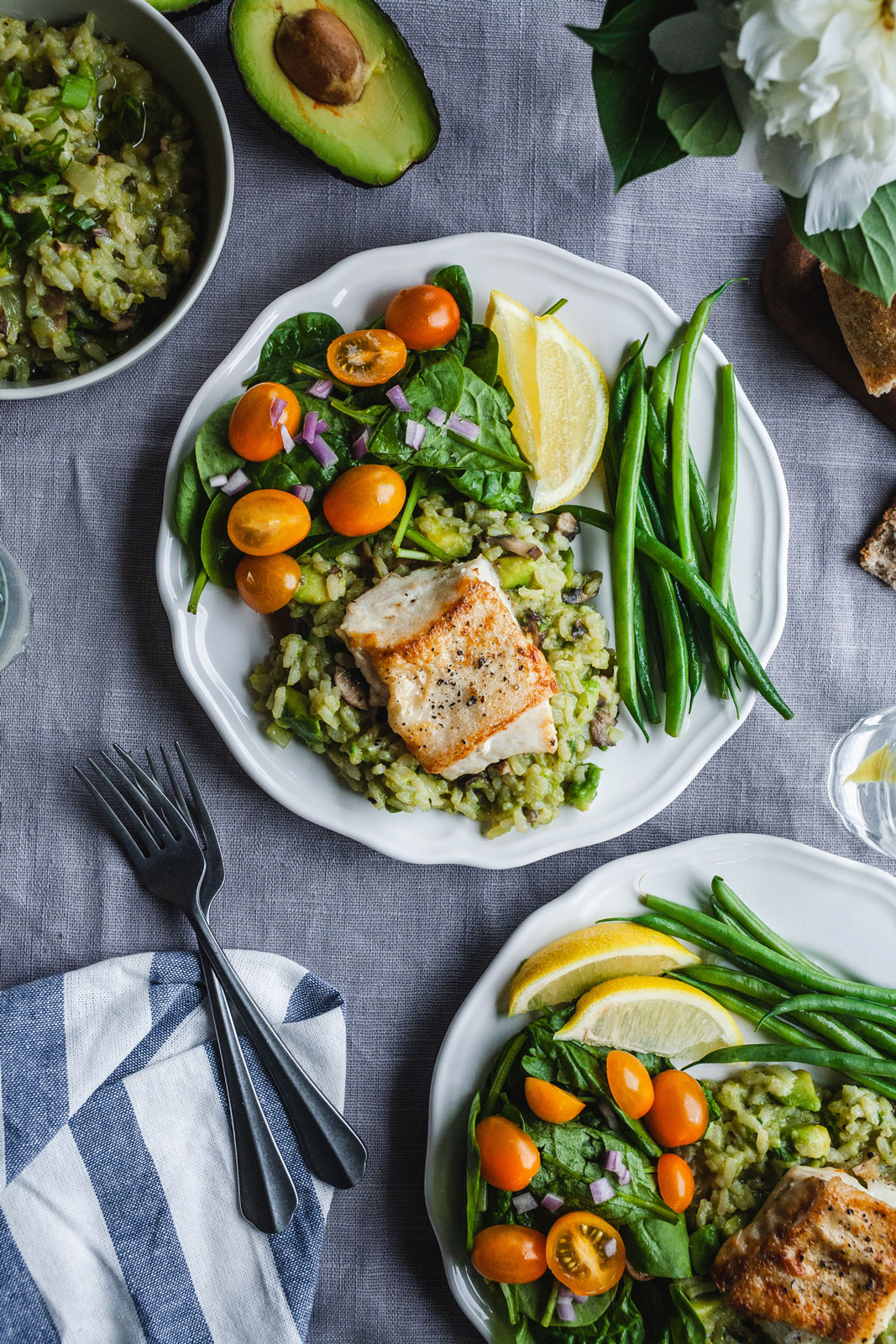 Lemon Pan-Seared Halibut With Avocado Risotto