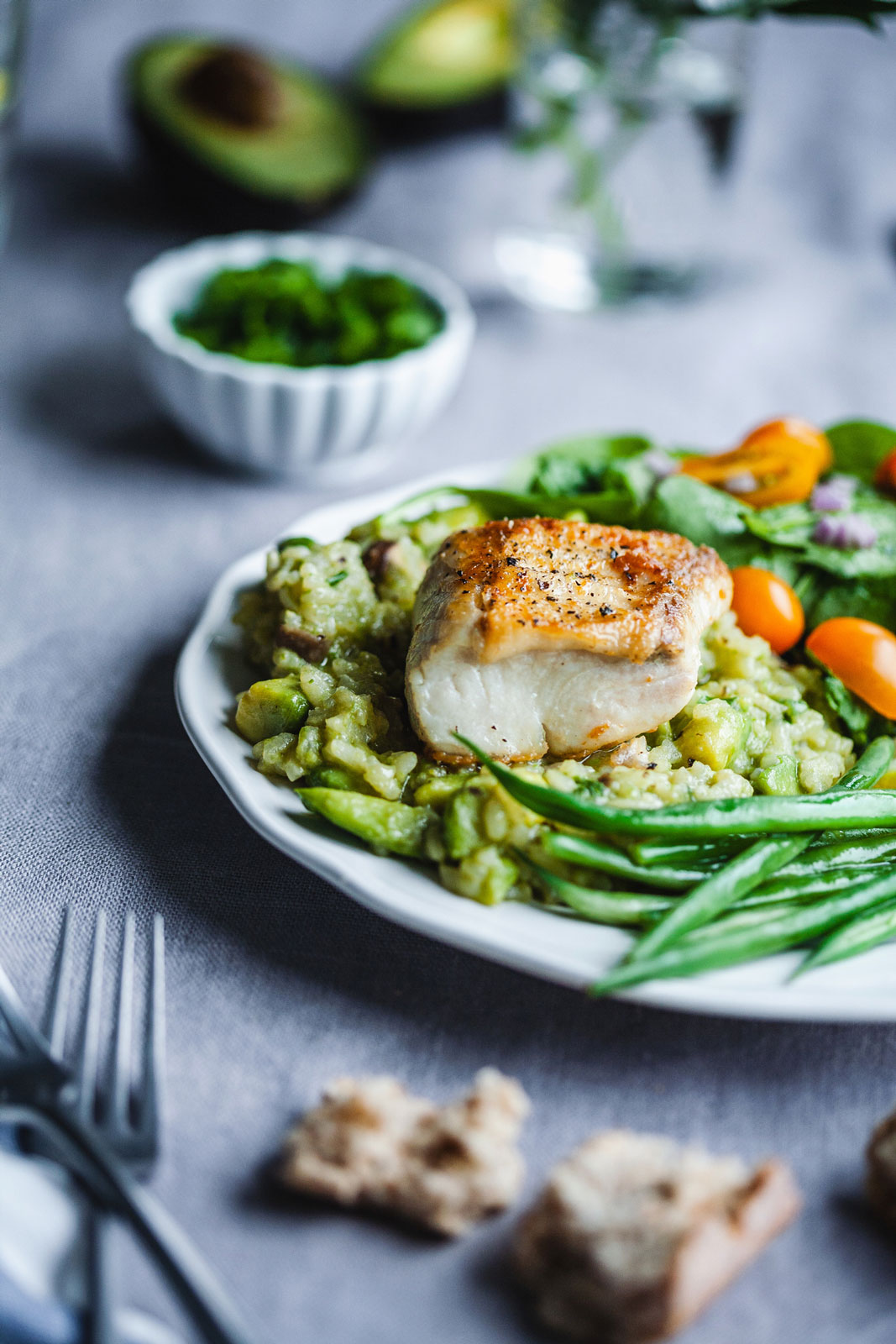 Lemon Pan-Seared Halibut With Avocado Risotto