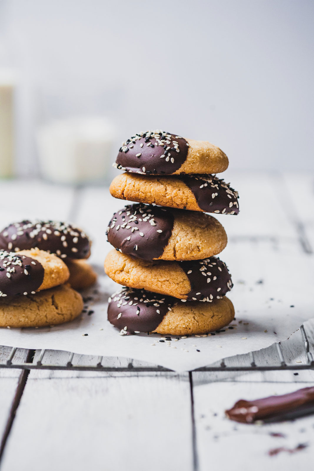 Chocolate Dipped Tahini Shortbread Cookies