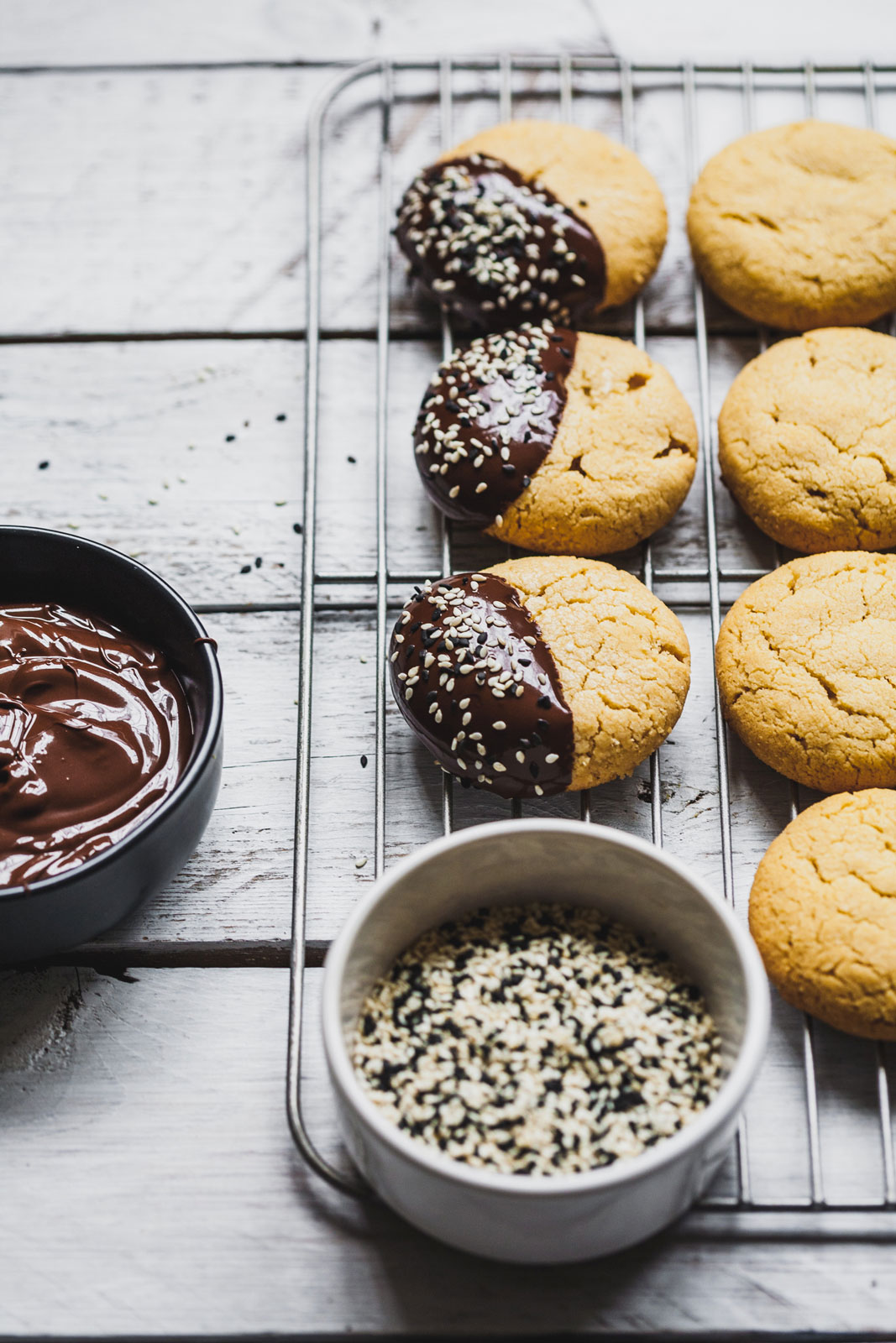 Chocolate Dipped Tahini Shortbread Cookies