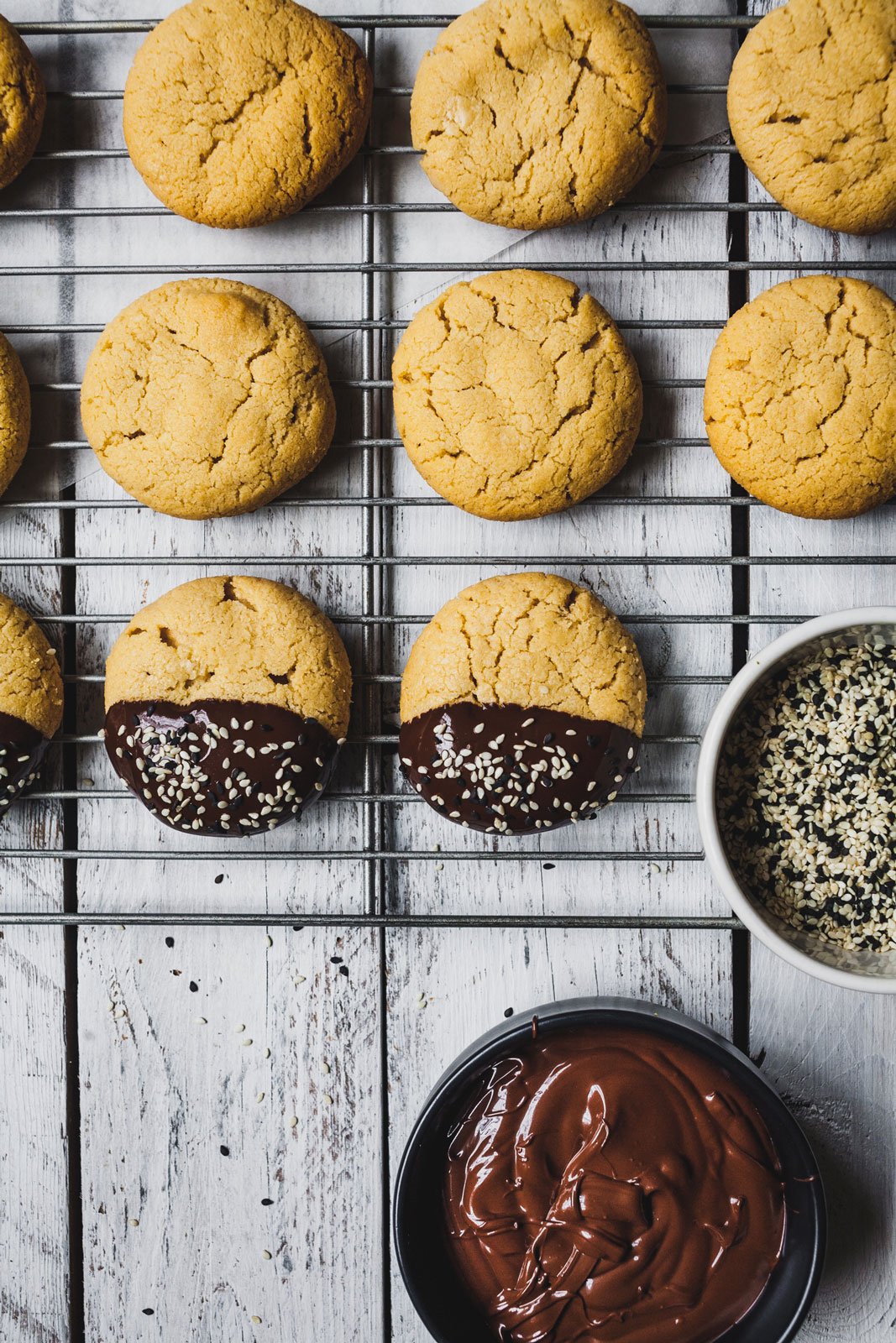 Chocolate Dipped Tahini Shortbread Cookies