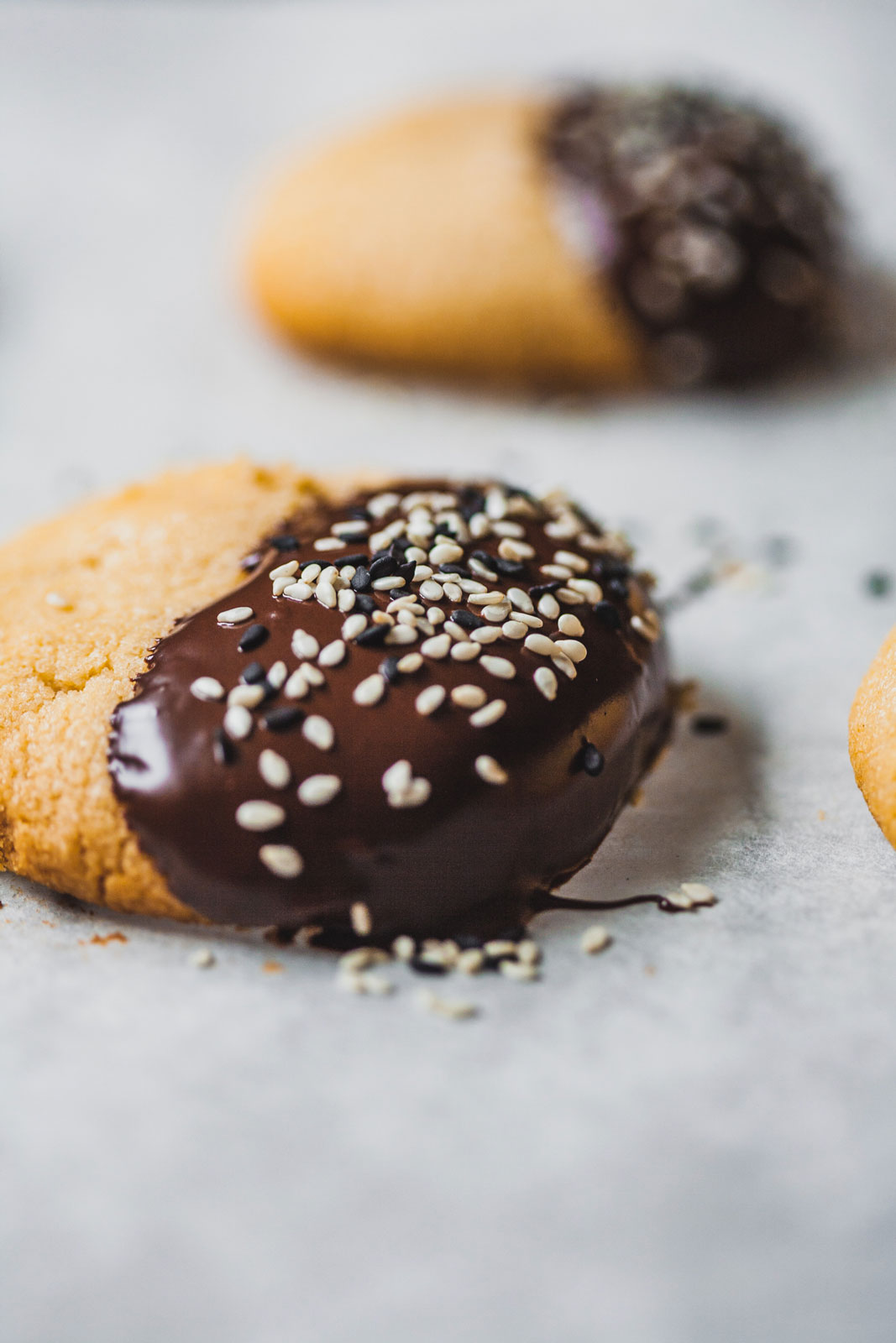 Chocolate Dipped Tahini Shortbread Cookies