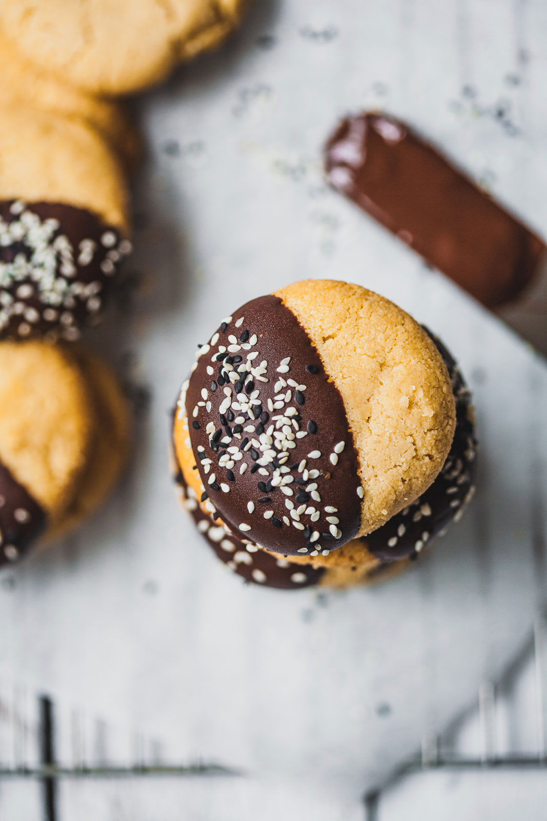 Chocolate Dipped Tahini Shortbread Cookies