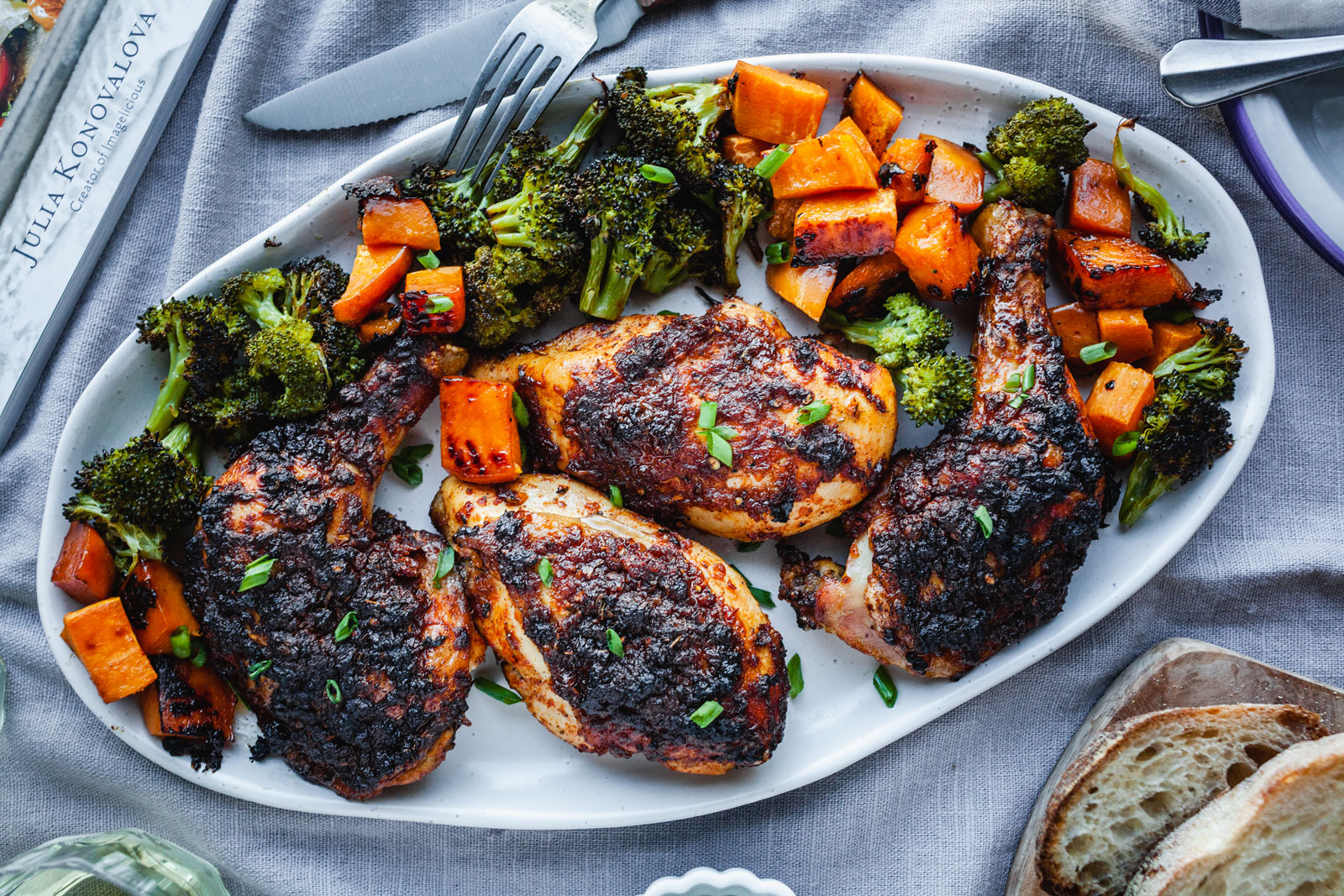 Spicy Blackened Chicken Legs With Sweet Potatoes and Broccoli