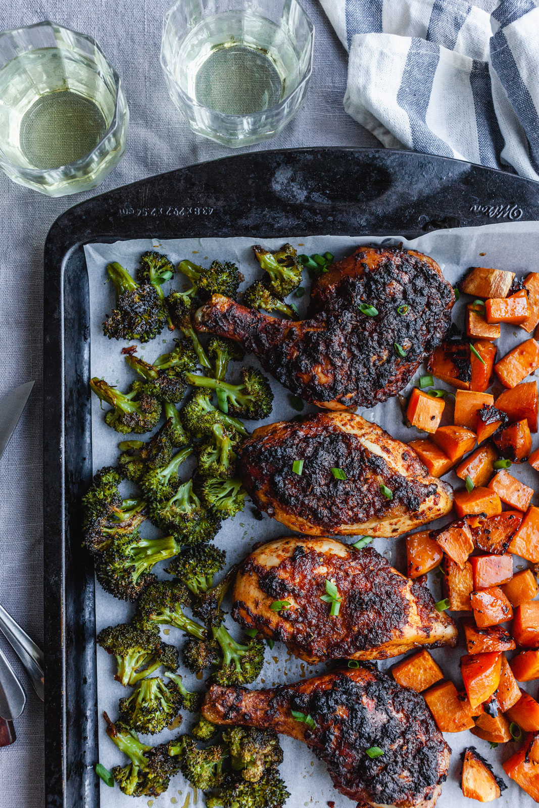 Spicy Blackened Chicken Legs With Sweet Potatoes and Broccoli