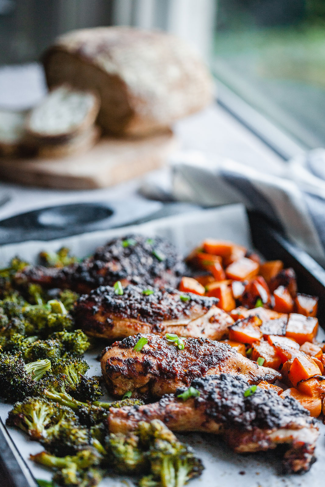 Spicy Blackened Chicken Legs With Sweet Potatoes and Broccoli