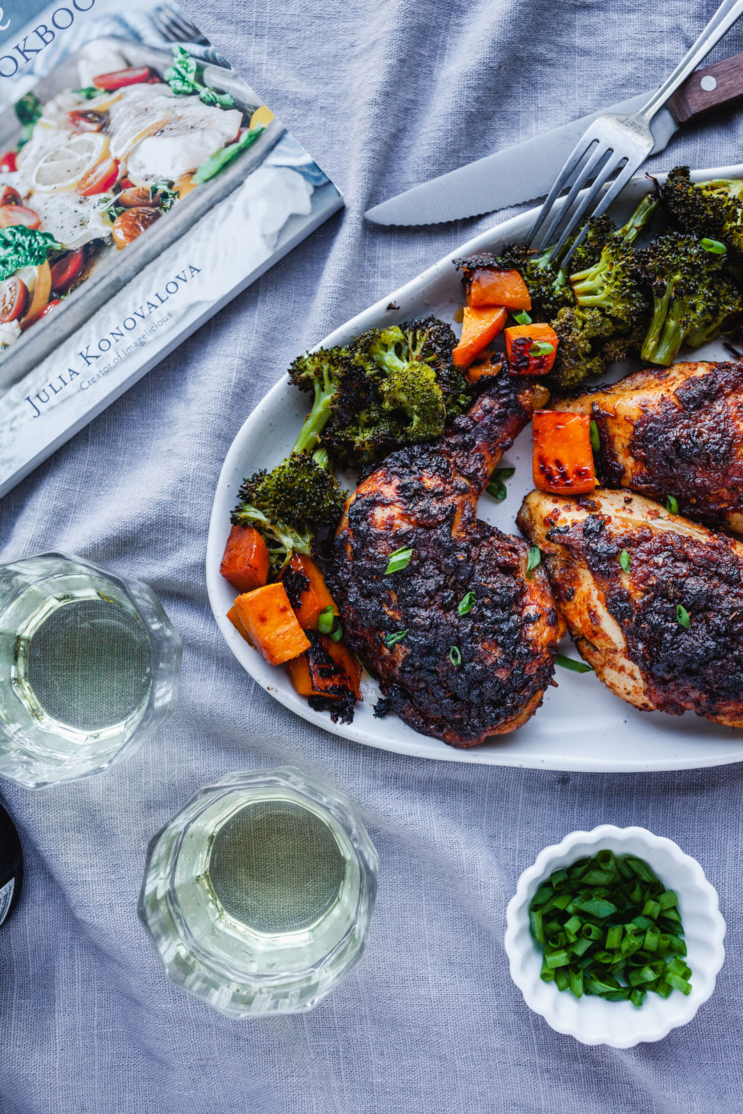 Spicy Blackened Chicken Legs With Sweet Potatoes and Broccoli