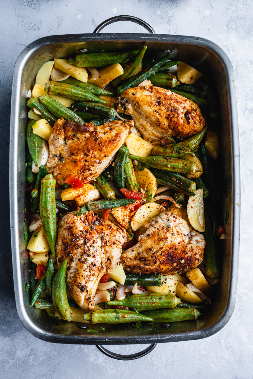 Roasted Balsamic Chicken And Potatoes With Okra