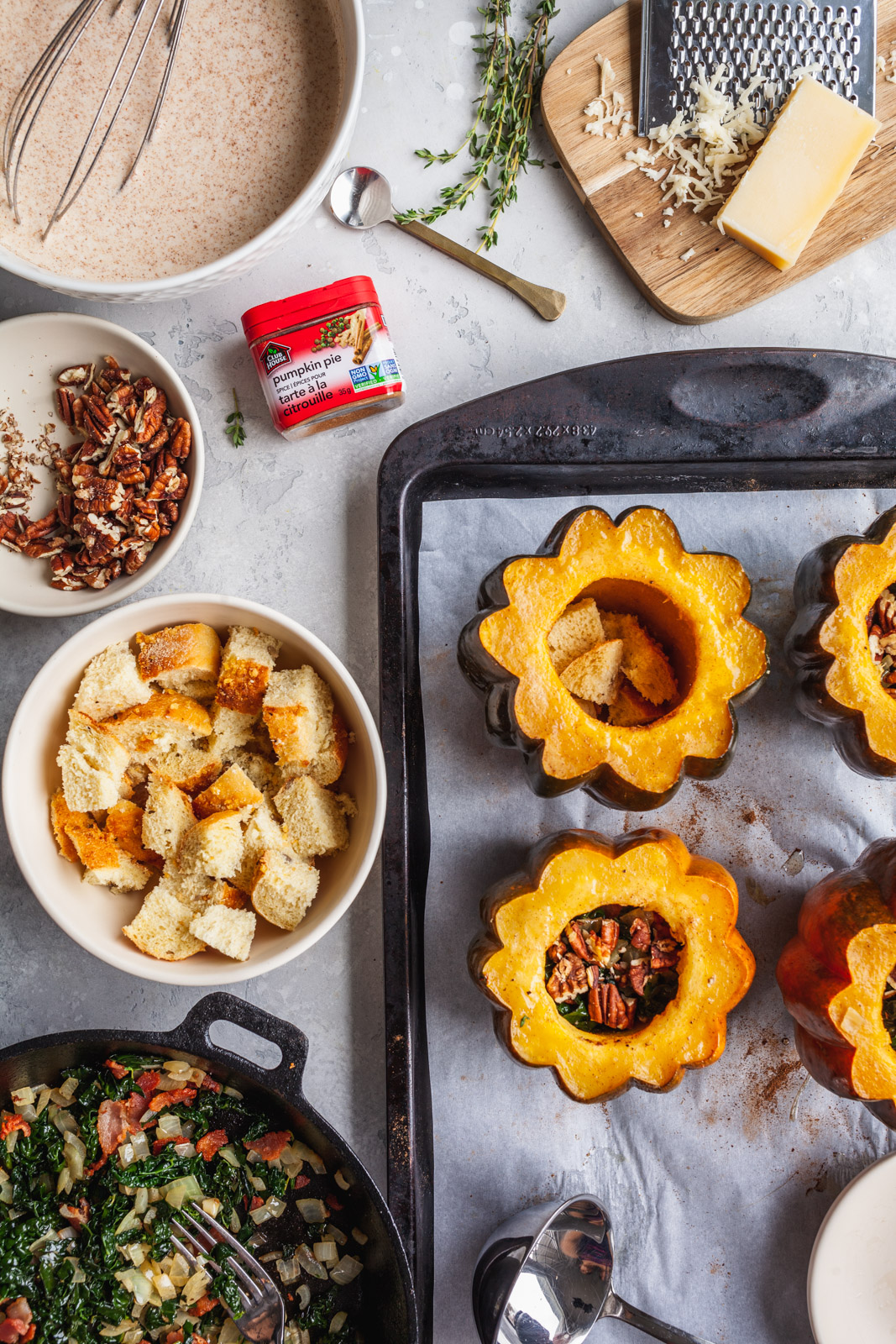 Stuffed Acorn Squash With Bacon And Kale Bread Pudding