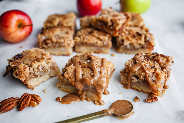 Apple Kuchen Bars With A Spiced Salted Pecan Caramel