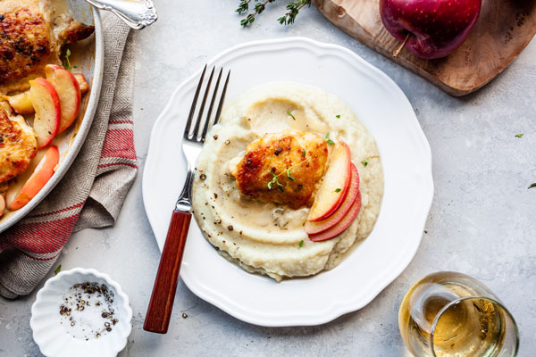 Cider Braised Chicken Thighs With The Creamiest Cauliflower Mash