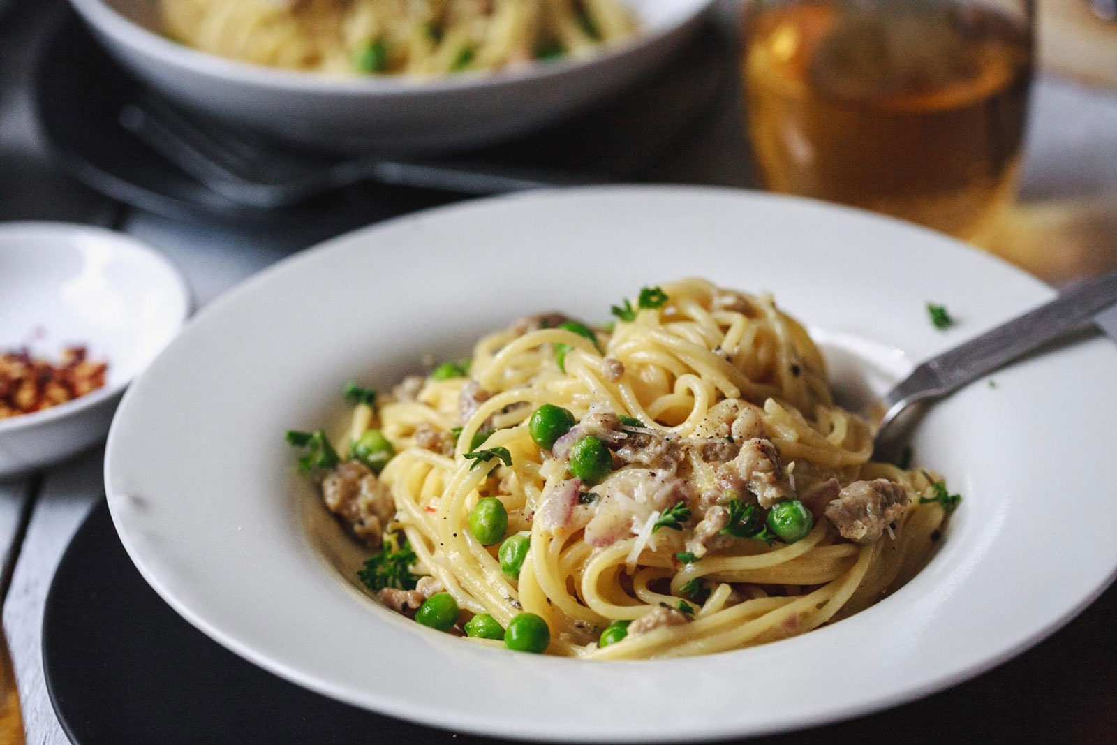 Sausage And Peas Spaghetti Alla Carbonara