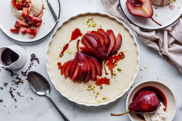 Baked Vanilla Yoghurt With Hibiscus Poached Pears