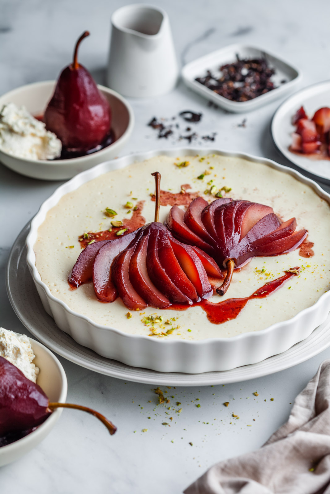 Baked Vanilla Yoghurt With Hibiscus Poached Pears