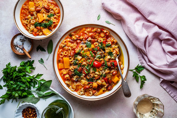 One Pot Borlotti Bean and Pasta Stew With Butternut Squash and Sage Pesto (Pasta e Fagioli)