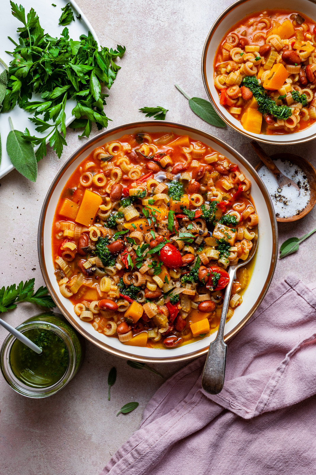 Borlotti Bean and Pasta Stew With Butternut Squash and Sage Pesto