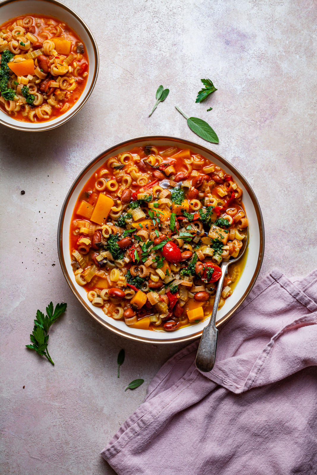 Borlotti Bean and Pasta Stew With Butternut Squash and Sage Pesto