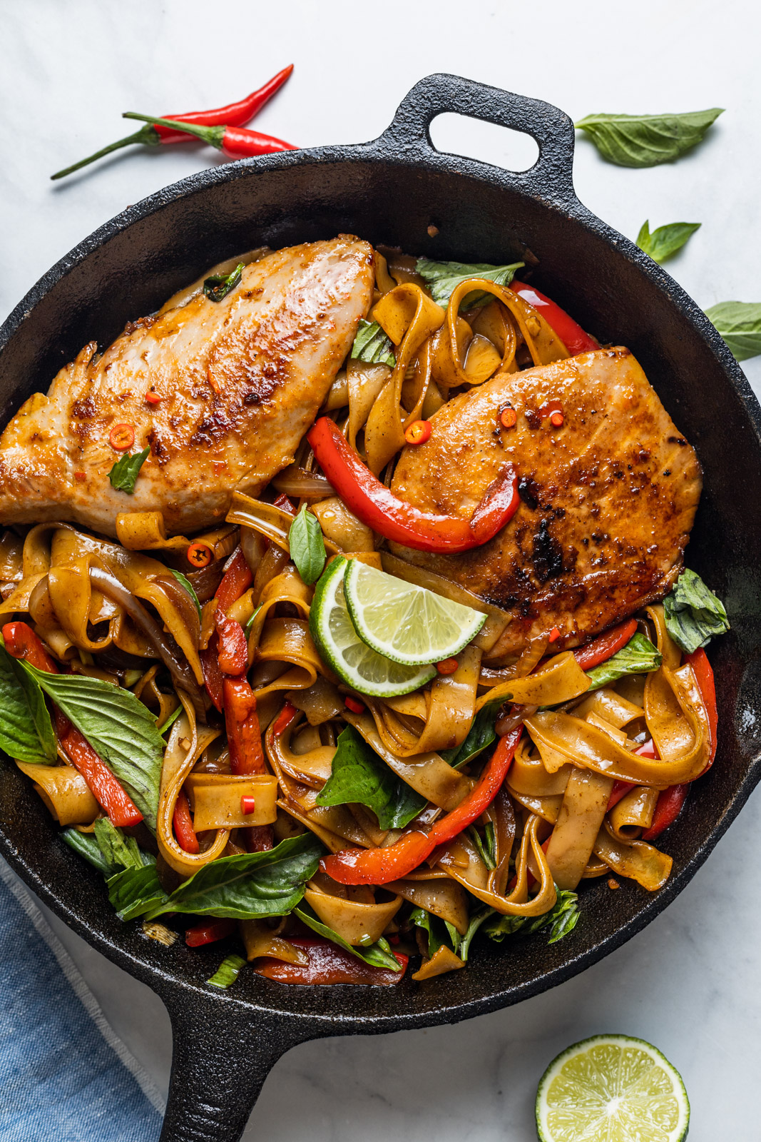 Thai Chili Yellowfin Tuna Steaks With Spicy Drunken Noodles (Pad Kee Mao)