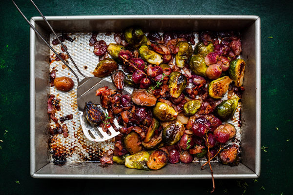 Roasted Brussel Sprouts and Grapes With Bacon