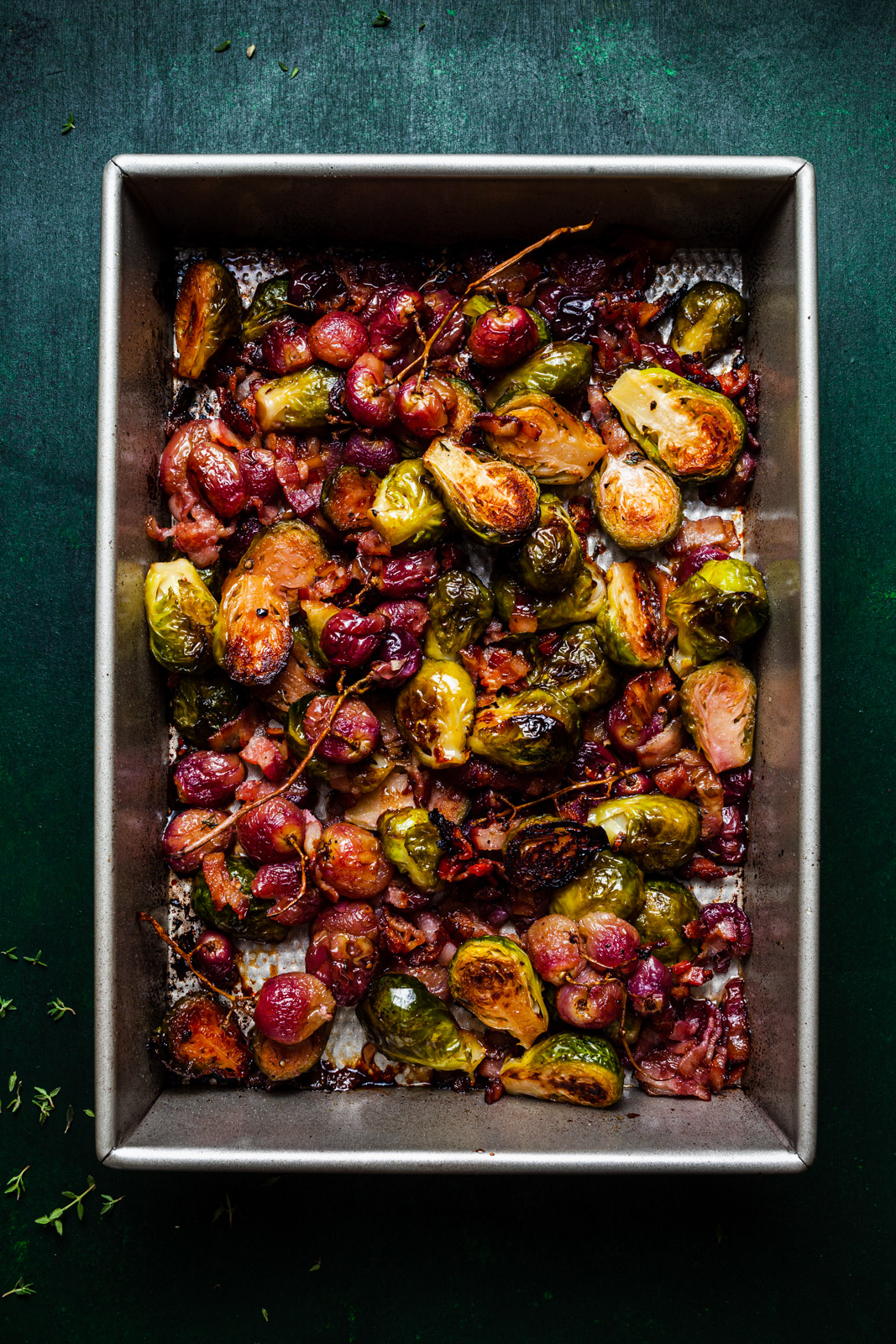 Roasted Brussel Sprouts and Grapes With Bacon