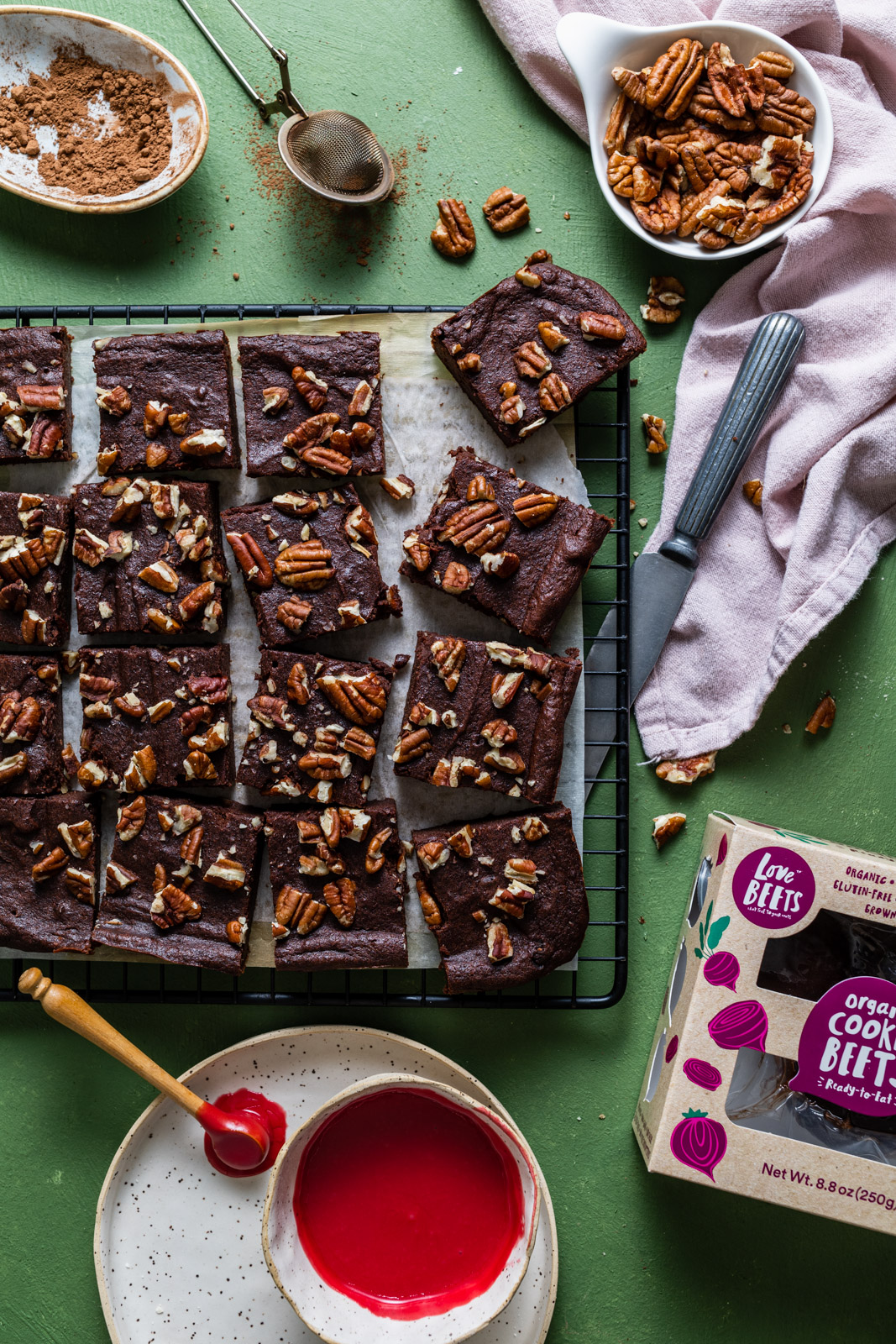 Chocolate Beet Brownies With Pecans and a White Chocolate Beet Glaze