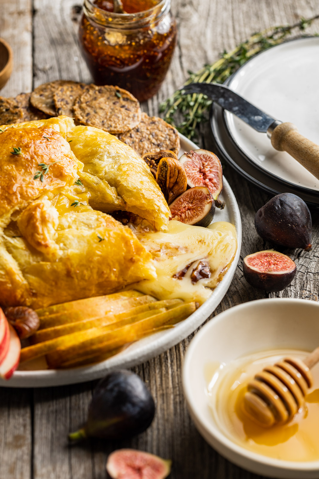 Baked Brie in Puffed Pastry With Honey Bourbon Figs