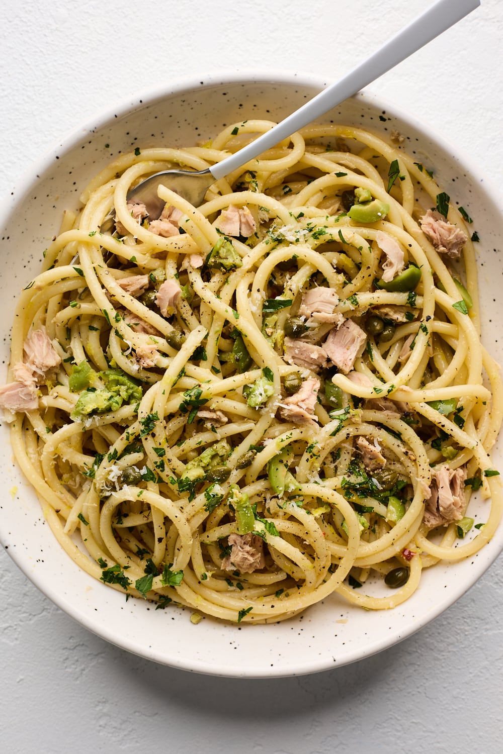 Simple Lemony Tuna Bucatini Close up in a bowl