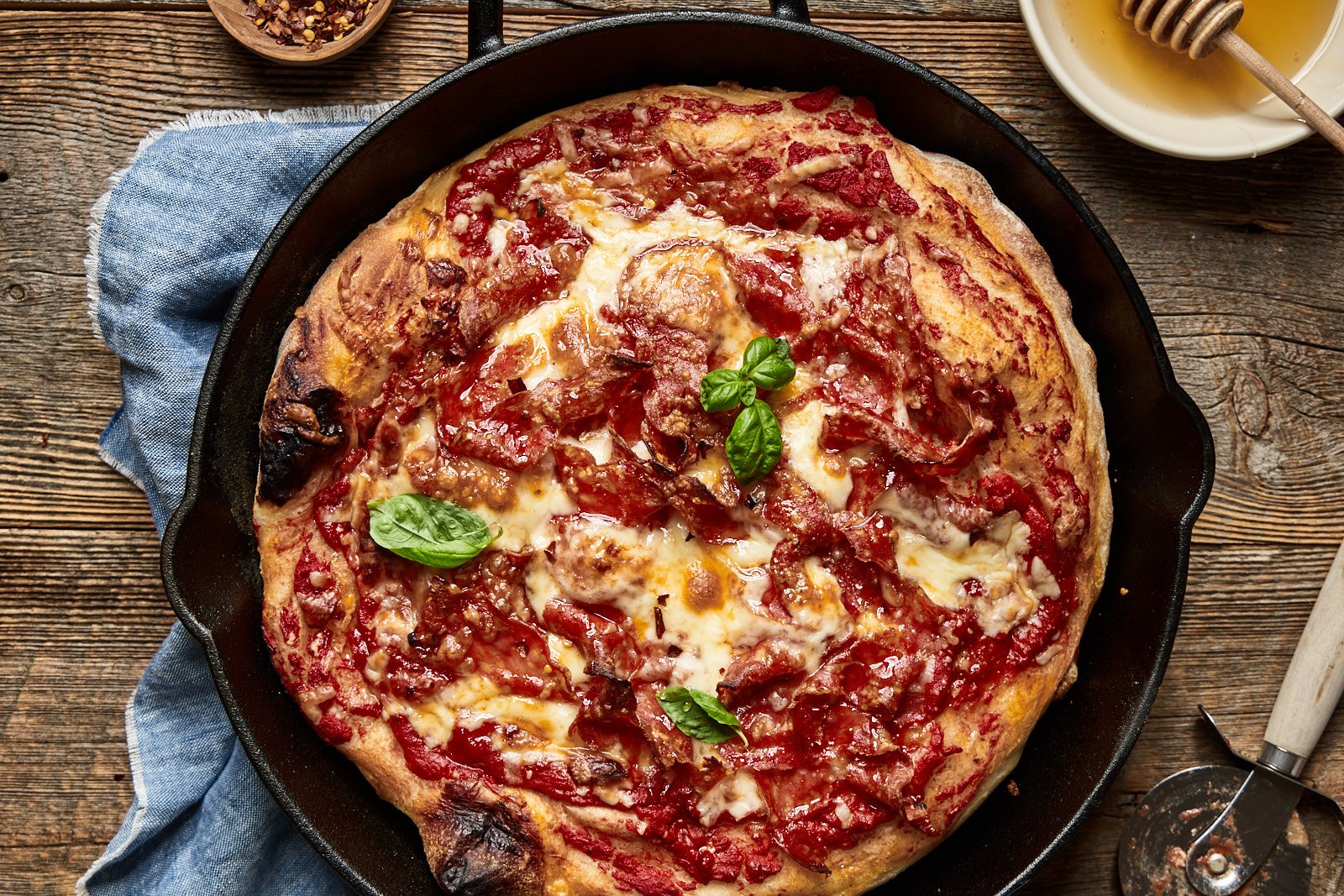 Skillet Pepperoni Pizza with Hot Honey and Blue Cheese