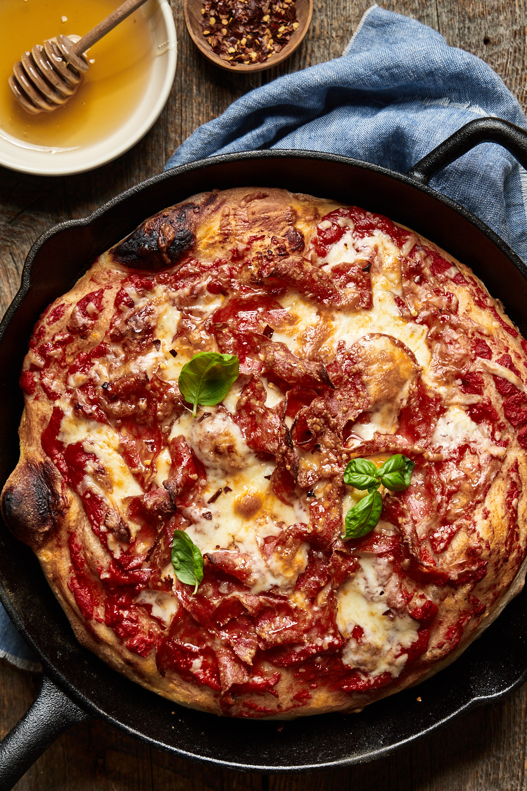 Spicy Honey Soppressata Cast Iron Skillet Pizza