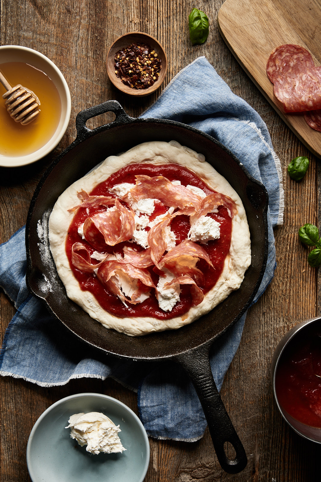 Spicy Honey Soppressata Cast Iron Skillet Pizza