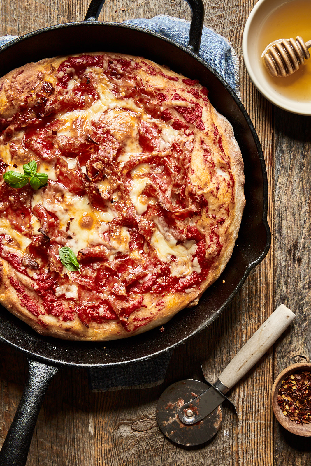 Spicy Honey Soppressata Cast Iron Skillet Pizza