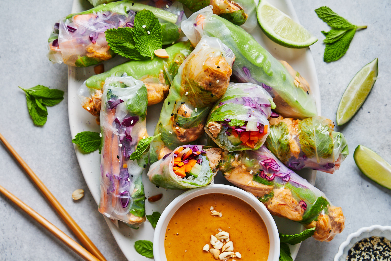 Fresh Spring Rolls With Salmon and Peanut Sauce