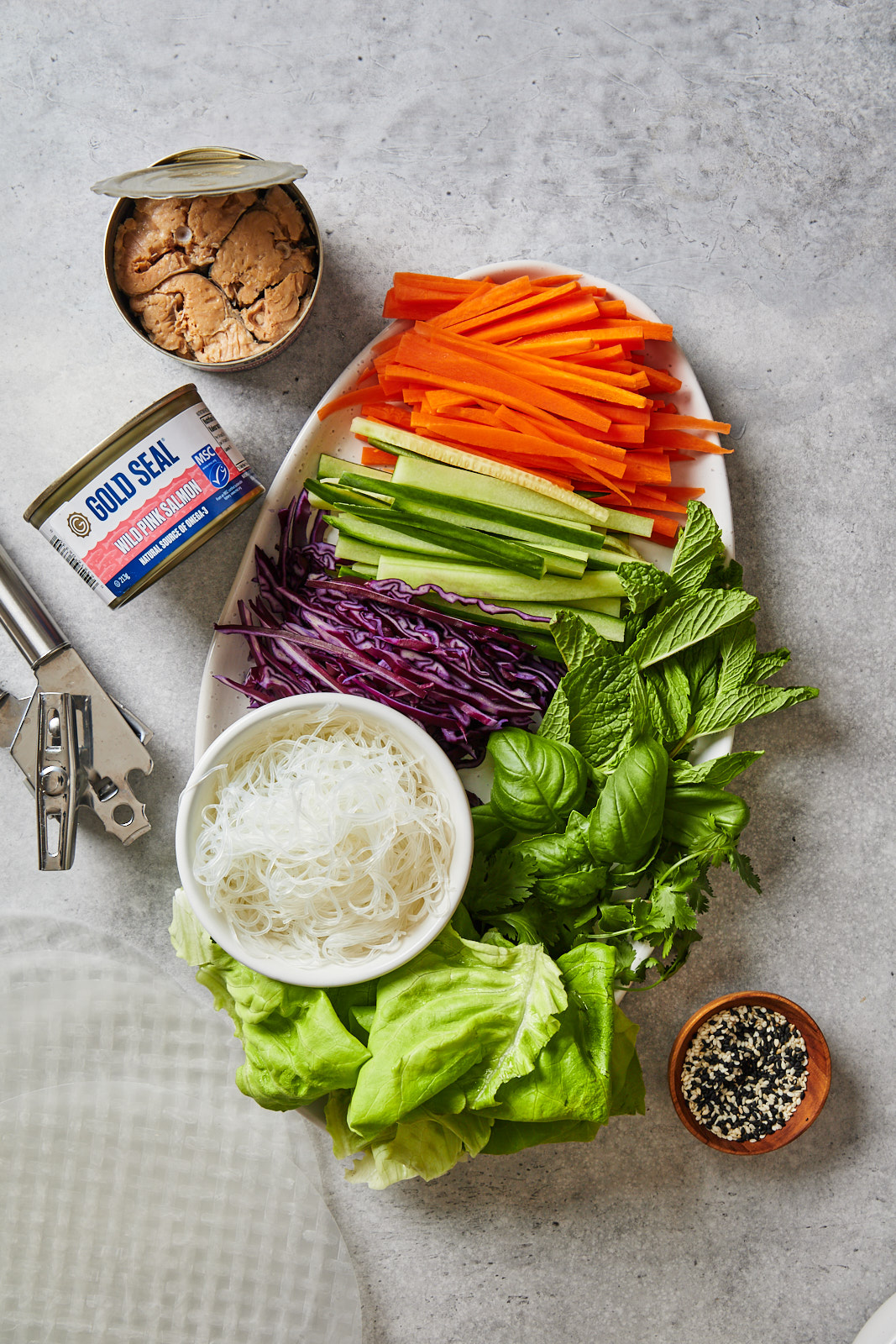 Fresh Spring Rolls With Salmon and Peanut Sauce ingredients chopped