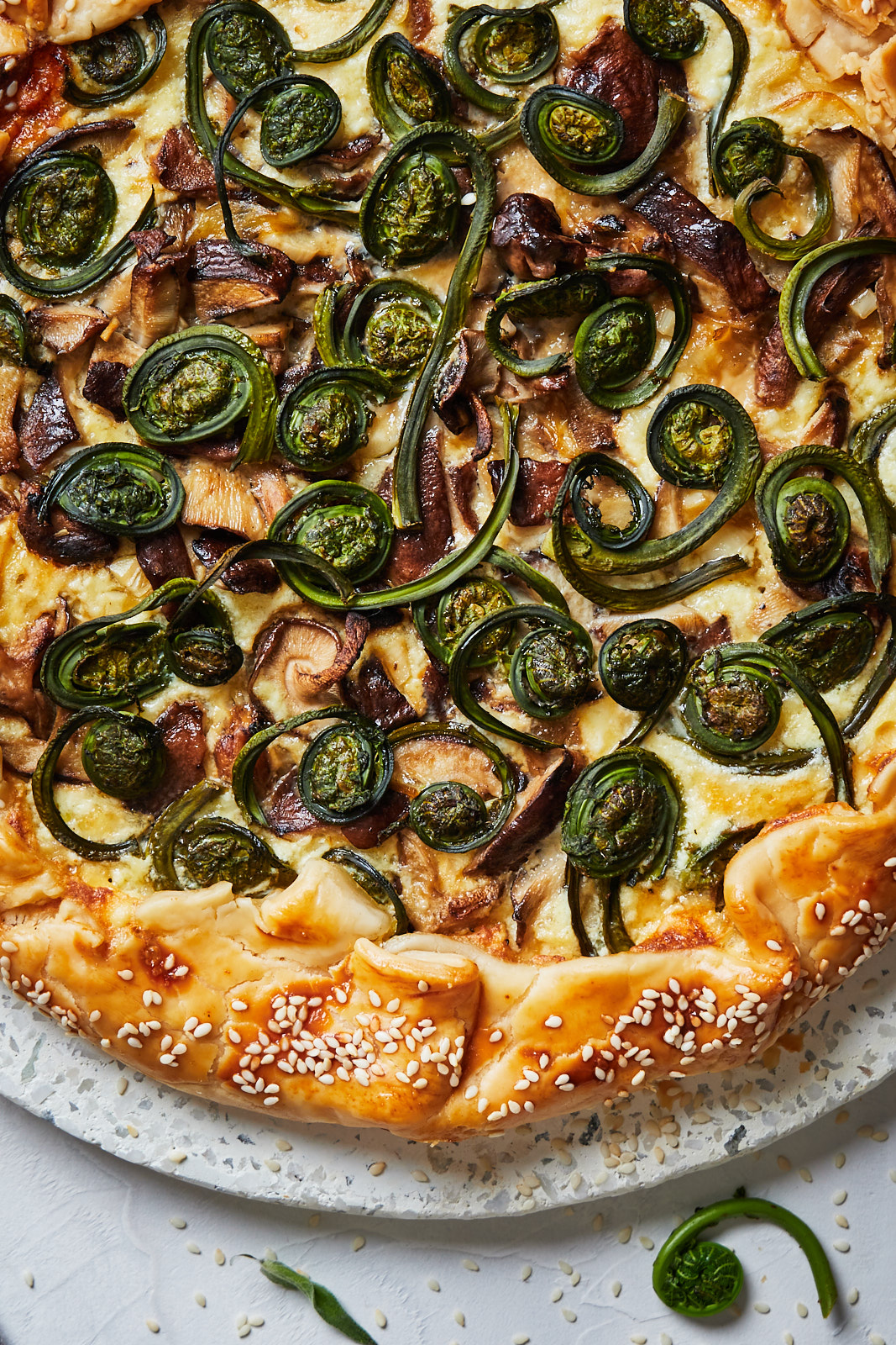 Close up of Fiddlehead and Mushroom Galette