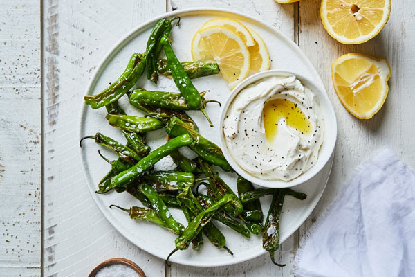 Blistered Shishito Peppers With a Lemony Whipped Goat Cheese Dip