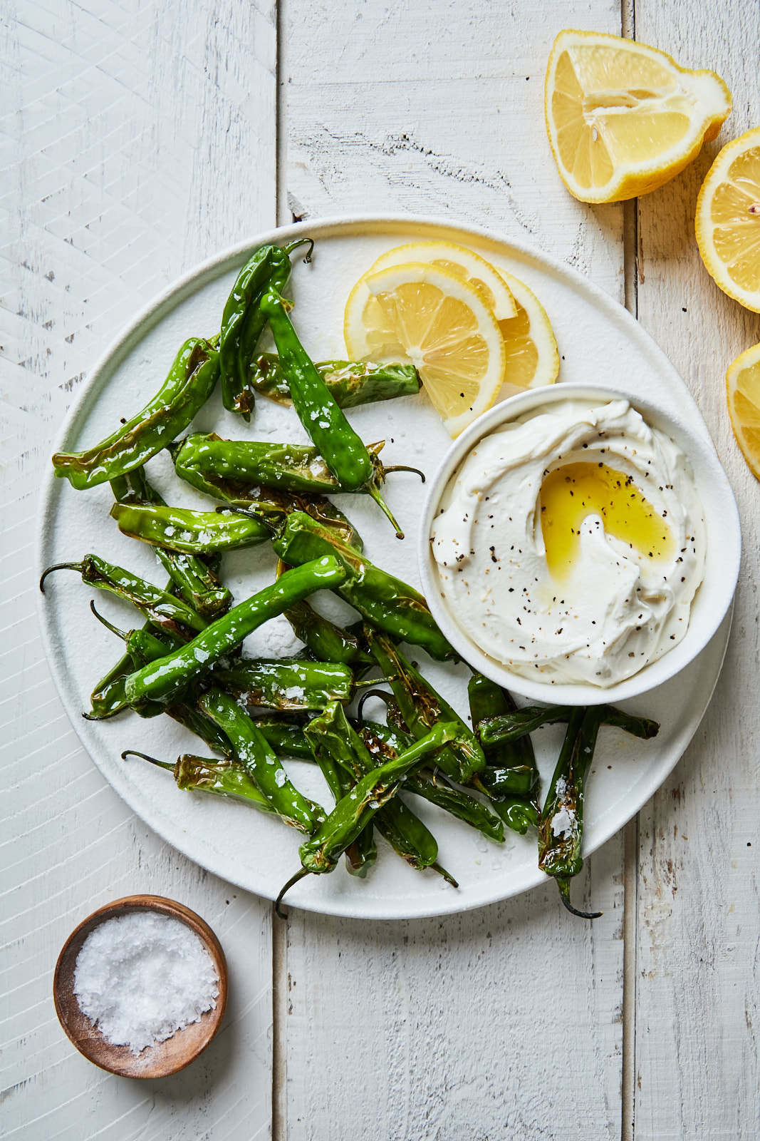 Blistered Shishito Peppers With a Lemony Whipped Goat Cheese Dip