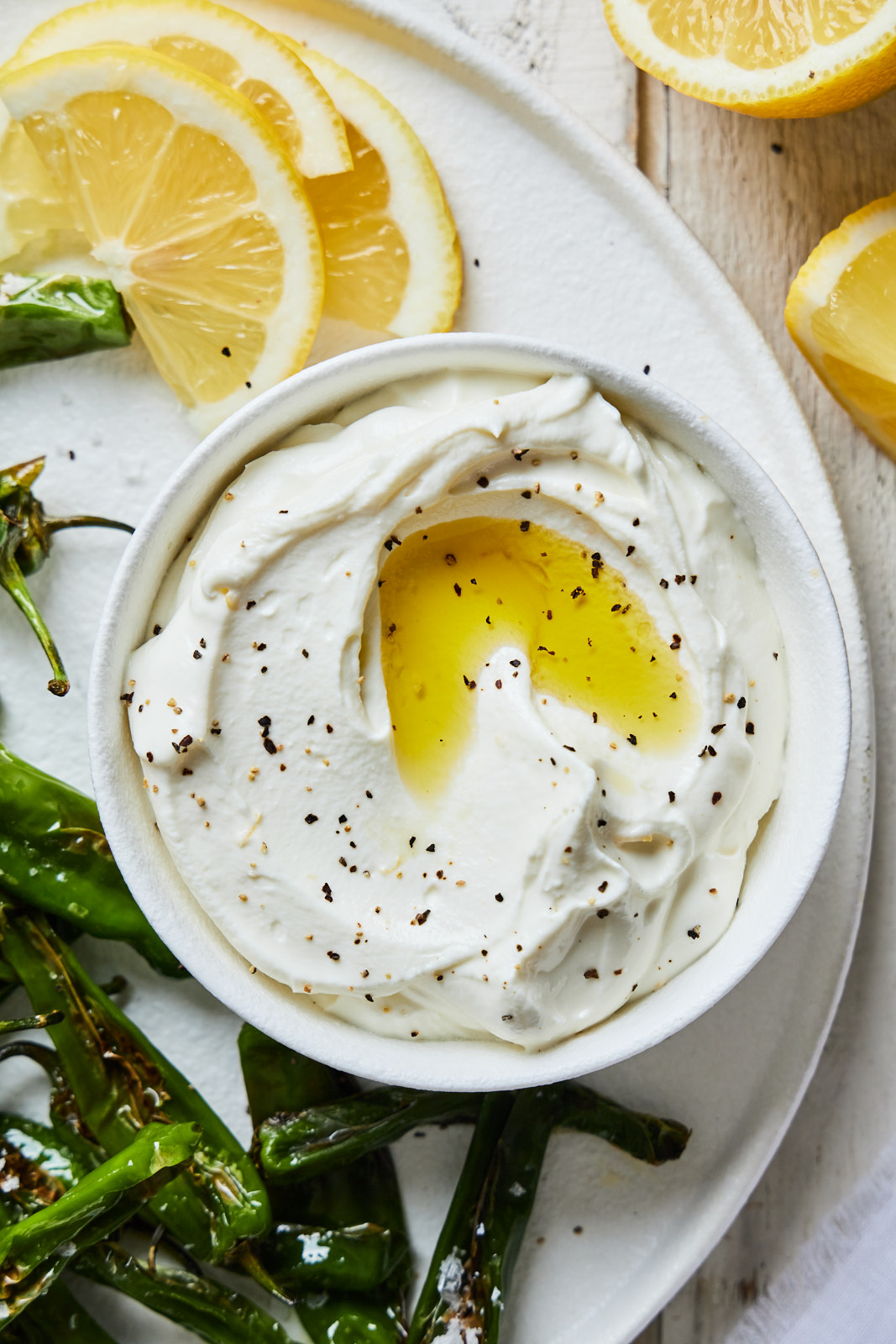 Blistered Shishito Peppers With a Lemony Whipped Goat Cheese Dip