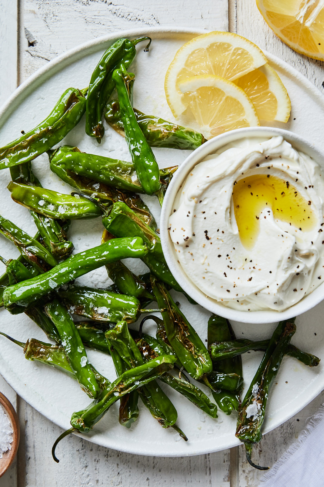 Blistered Shishito Peppers With a Lemony Whipped Goat Cheese Dip