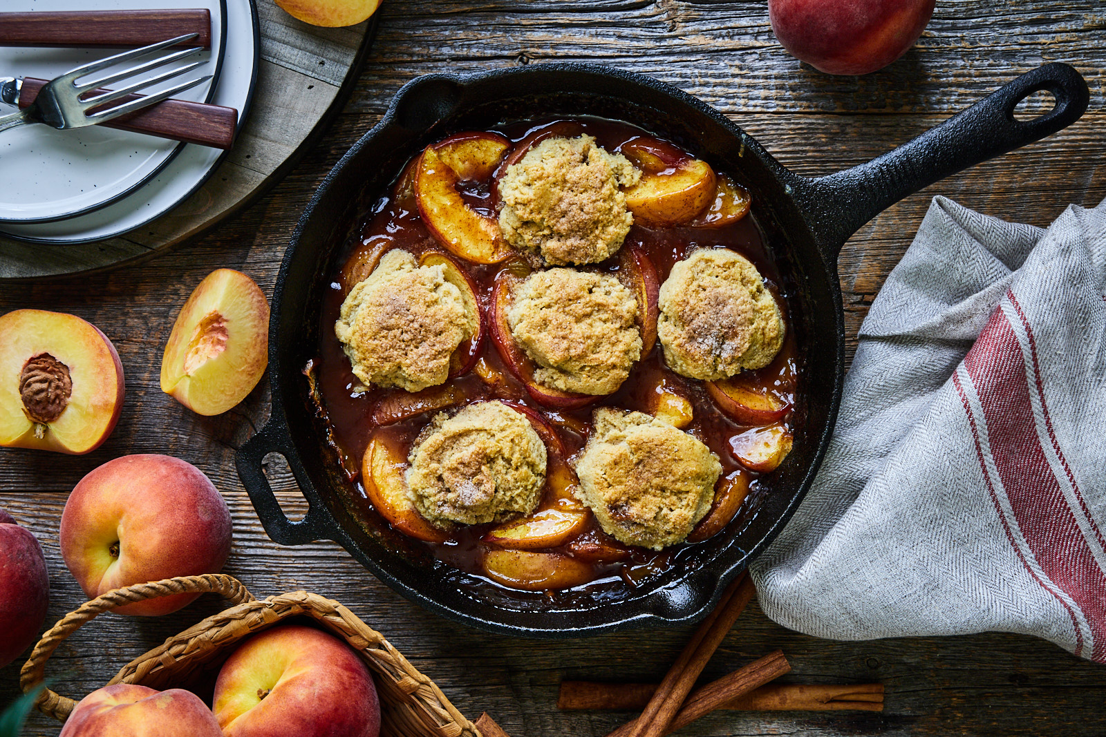 Grilled skillet peach cobbler with almond flour biscuit topping